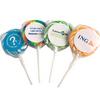 CONF-135-BW Medium Candy Lollipop with sticker adhered to wrapper.
